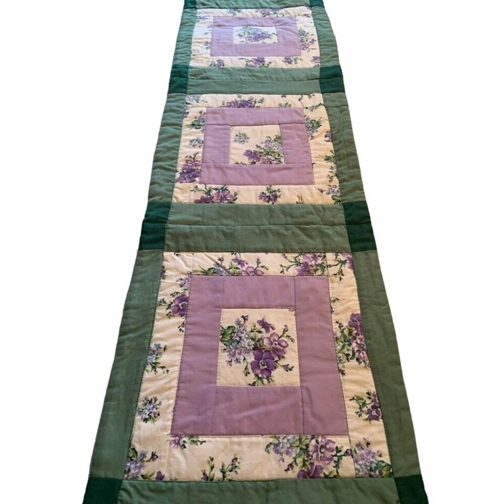 Handmade Quilted Runner Green Purple Floral 12" x 37" Cottagecore Pretty Decor
